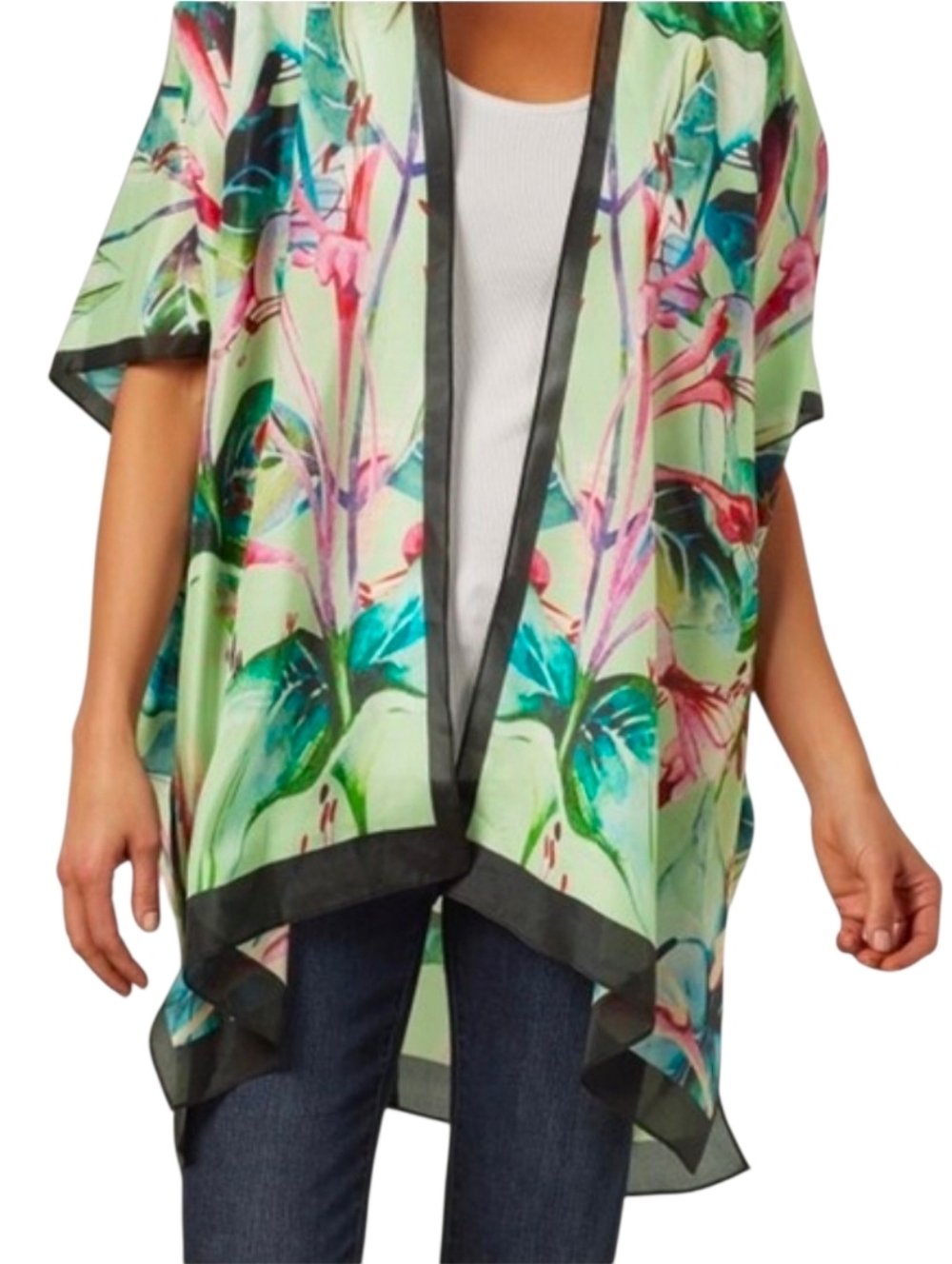Soft Surroundings Emerald Isle silk topper tropical-themed open-front kimono S/M